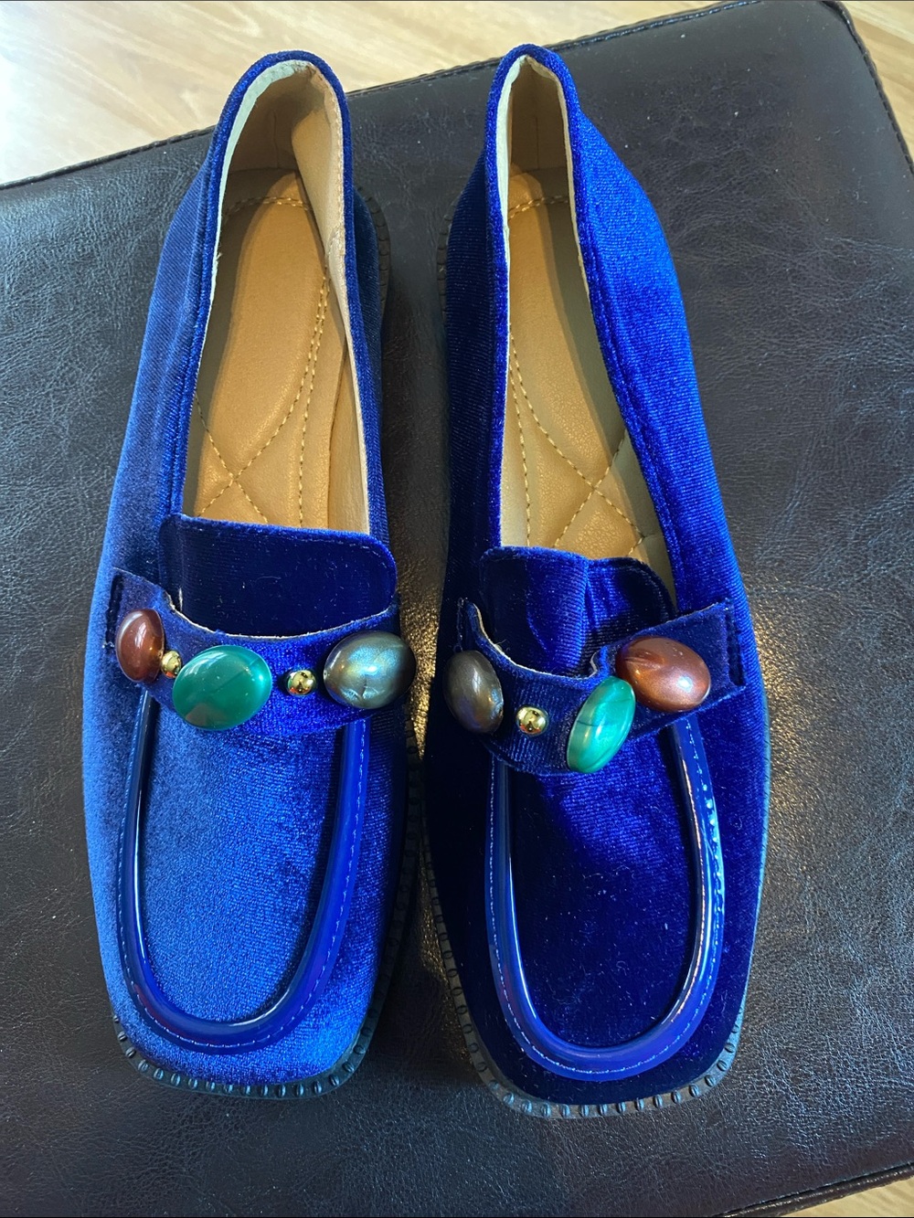 Royal Blue Velvet Loafers with Gemstone Accents - Women's Flats